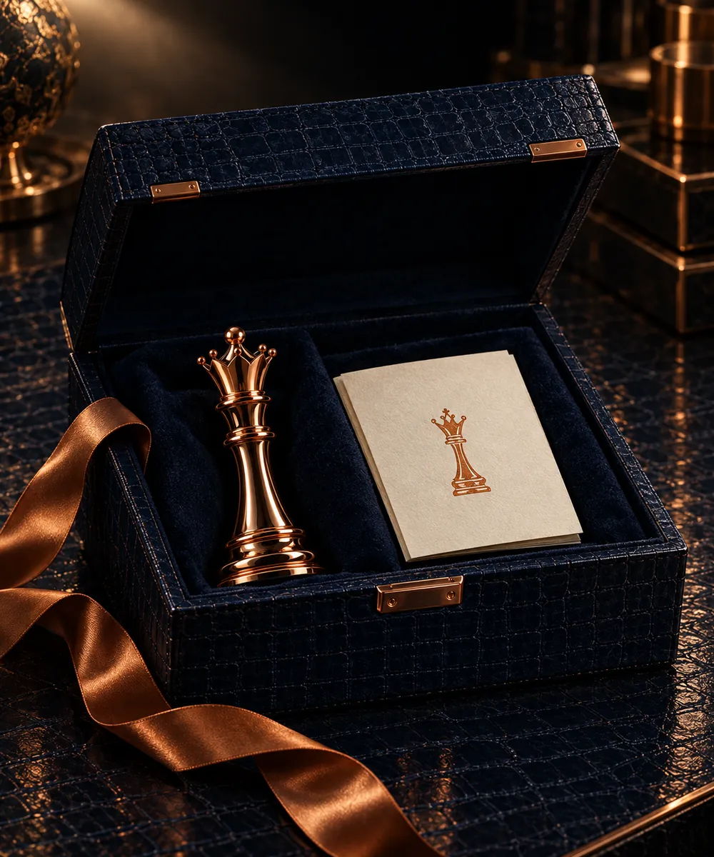 Gift box with a copper chess queen